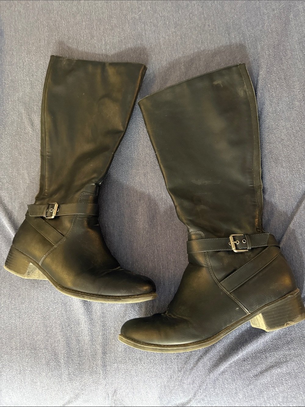 Black Mid-Calf Buckle Leather Boots - Women